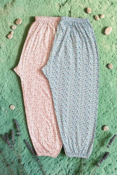 Kadın Büyük Beden Çiçekli Pijama 2'li Paket Lastikli Paça Uzun Yazlık Battal Rahat Konforlu