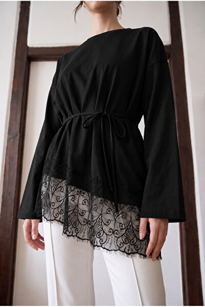 unika boutique Women's Lace Detailed Belted Modal Tunic