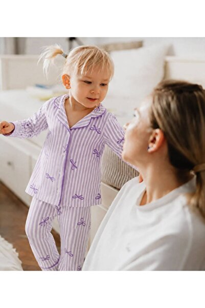mogokids kız çocuk çizgili fiyonk desenli düğmeli 2lii pijama takımı