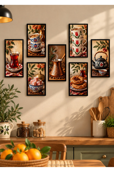 NT Handmade 7 Parça Çay ve Simit Mutfak Tablo Seti 10x20 cm Çerçeve Görünümlü...