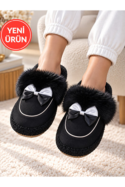 STOCON Luxurious Plush and Ribbon Detailed Warm Home Slippers Suede House Sli...