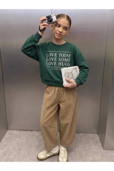 Laciel Prs La'ciel Paris Çocuk Yeşil Love Today Sweatshirt ve Fitilli Kadife ...
