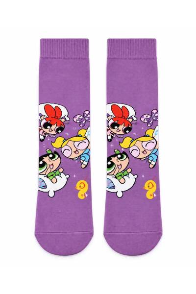 Mor Powerpuff Girls Desenli Soket Çorap – Renkli Karakter Baskılı Trend Çorap