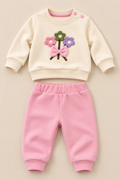 METEOR BABY Baby Girl Set with Floral Appliques and Bow Detail, 2-Piece Top a...