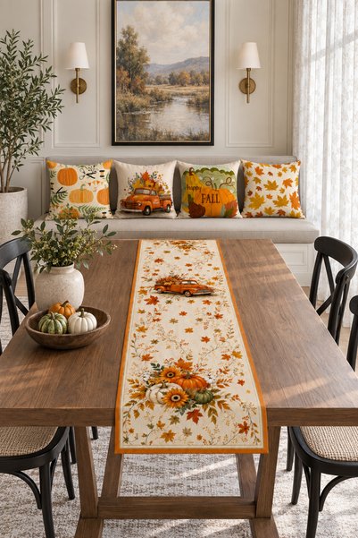 HOMESSA Orange Pumpkin Truck Happy Fall 4-Piece Throw Pillow Cover Runner Set