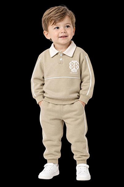 Ciciben Kids Erkek Bebek 2’li Takım Polo Yaka Baskılı Sweatshirt Pantolon