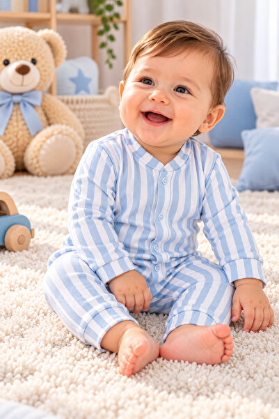 SERPİL Ss Gi̇yi̇m Baby Boy Blue and White Striped Long Sleeve Jumpsuit – Snap...