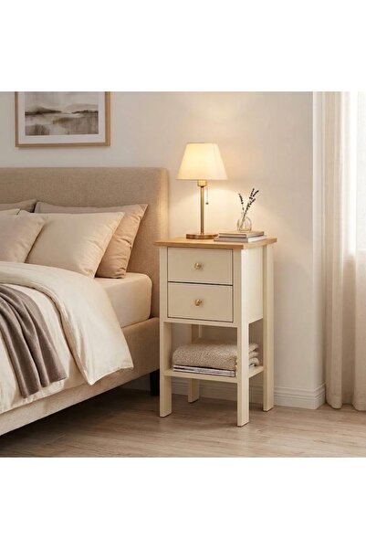Home Mandosi Çift Çekmeceli Bej Meşe Plus Komodin Gold Kulp