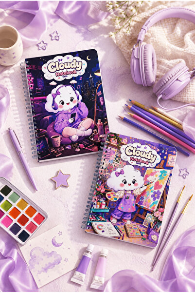 A5 Spiralli Karton Kapak Kareli Okul Defteri 80 yaprak 2'li Set - Ders Programlı Cloudy Toz Pembe