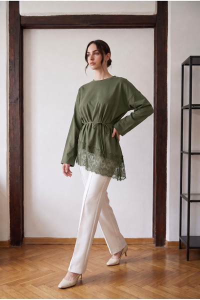 unika boutique Women's Lace Detailed Belted Modal Tunic