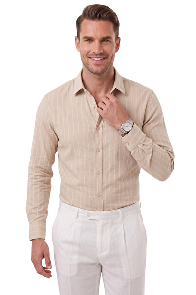 Rizz up Ανδρικό πουκάμισο Slim Fit 95% βαμβακερό με υφή ρίγες σε μπεζ χρώμα, ...
