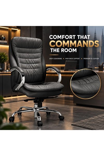 THE RED CREW TANGO-H High Back Executive Office Chair, Premium PU Leather, High-Density Foam, Chrome Armrests & Base, 5 Locking Positions, Class 3 Gas Lift, 2 Years