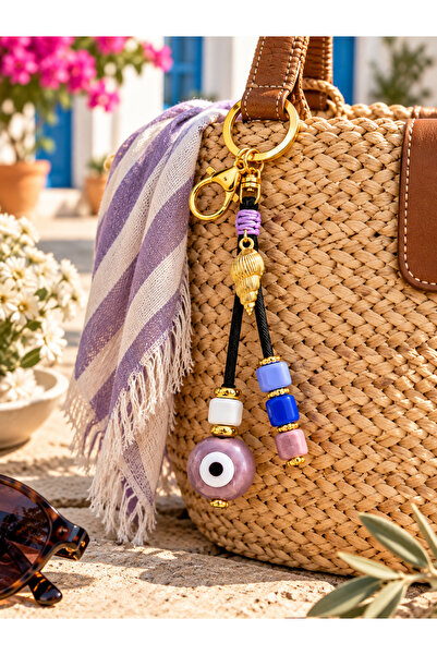 Zet Design زينة حقيبة يدوية الصنع - سلسلة مفاتيح مزينة بخرز عين البقري وخرز ب...