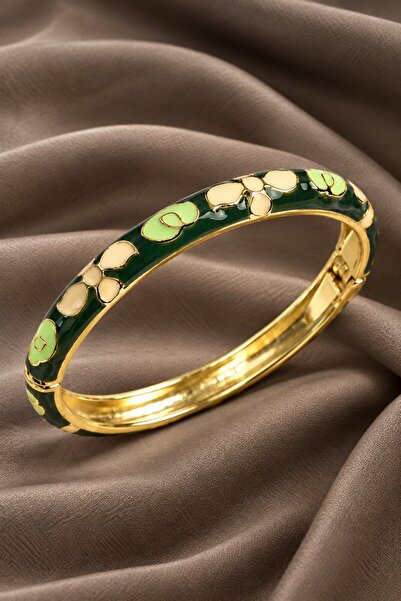 serelya Mineli Brass Cream and Green Flower Motif Gold Color Women's Handcuffs