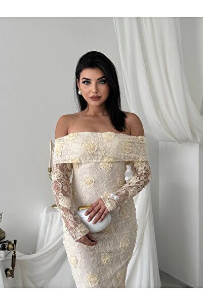 YURELİ 3D Gül Aplikeli Madonna Yaka Dantel Uzun Elbise