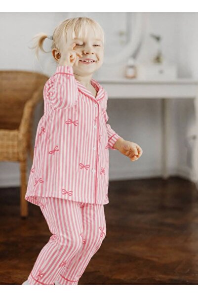 mogokids kız çocuk çizgili fiyonk desenli düğmeli 2lii pijama takımı