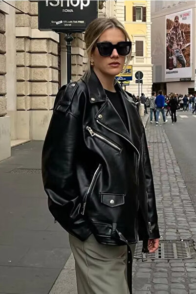 PRİFALDİ Agli̇mmer Long Oversize Women's Black Faux Leather Jacket