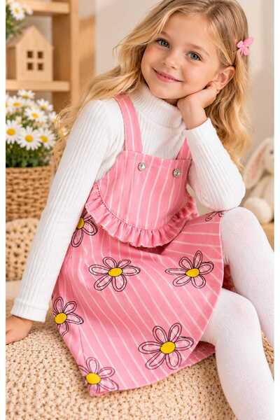 krm kerem bebe New Season Daisy Patterned Ruffled Double Set Salopet Dress & ...