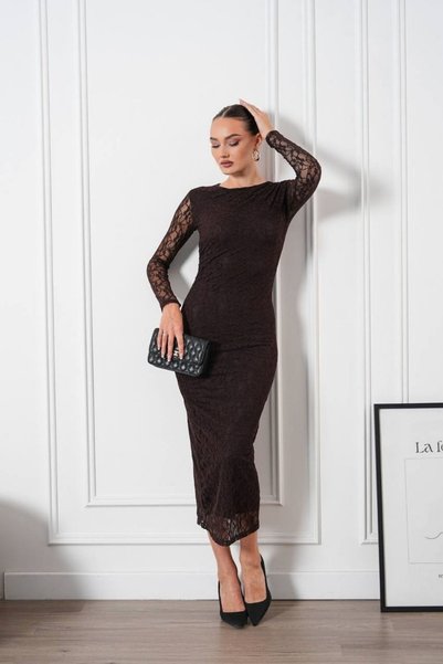 moda poni Rochie midi maro cu mâneci lungi și detalii din dantelă pentru femei