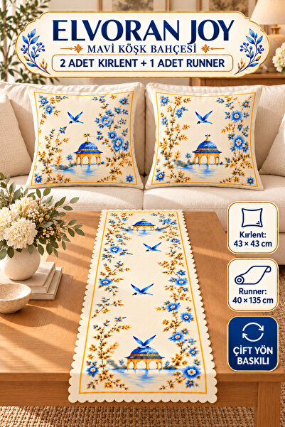 ELVORAN JOY 2'li Kırlent ve Runner Seti Mavi Köşk Bahçesi 43x43 / 40x135 cm Ç...