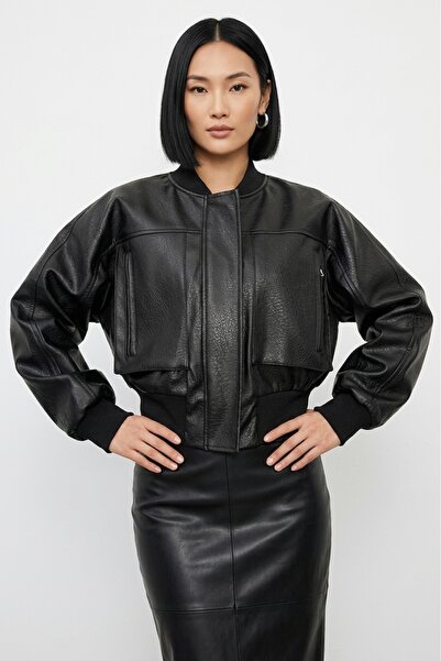 PRİFALDİ Agli̇mmer Oversize Bomber Zippered Double Pocket Ribbed Black Faux L...