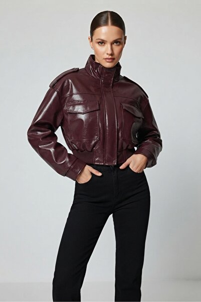 PRİFALDİ Agli̇mmer Women's Bordo Faux Leather Jacket with High Collar Apolete
