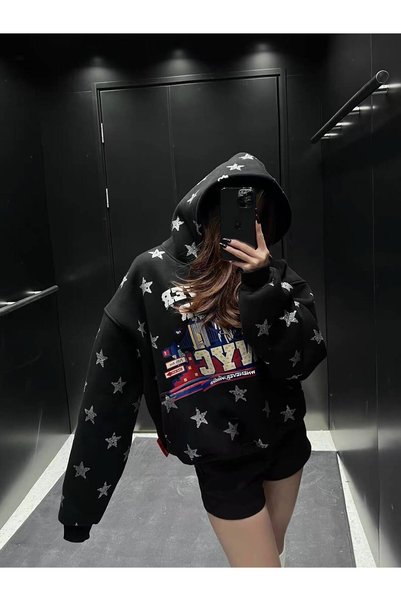 nathia outdoors Women's Oversize Navy Blue Star Patterned Nyc Printed Hooded Sweatshirt with Kangaroo Pocket