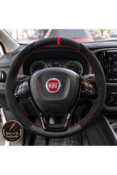 HasAkman Fiat Doblo 4 Dikme Direksiyon Kılıfı Alcantara Süet Mat Karbon Kırmı...