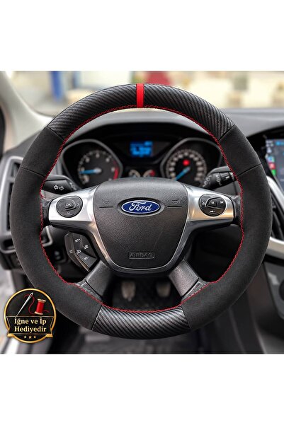 HasAkman Ford Connect Dikme Direksiyon Kılıfı Alcantara Süet Mat Karbon Kırmı...