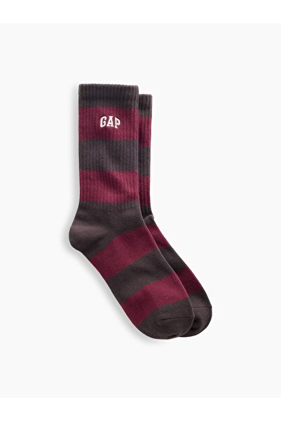 GAP Erkek Bordo Rugby Çizgili Logo Crew Çorap