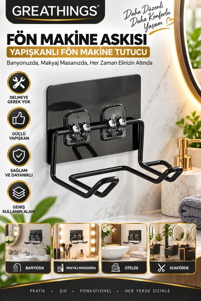 Greathings Siyah Yapışkanlı Fön Makinesi Askısı Duvar Tipi Saç Kurutma Makine...