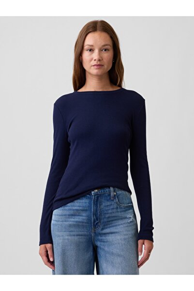 GAP Kadın Lacivert Modern Fitilli Bisiklet Yaka T-Shirt