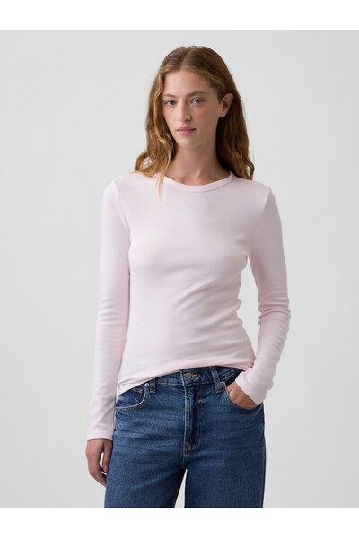 GAP Kadın Açık Pembe Modern Fitilli Bisiklet Yaka T-Shirt