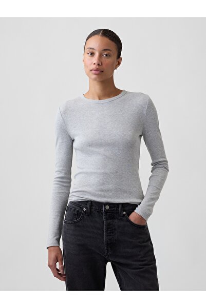 GAP Kadın Gri Modern Fitilli Bisiklet Yaka T-Shirt