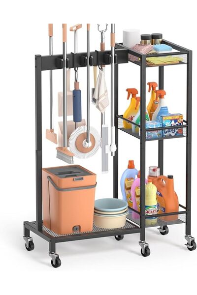 GENERAL Broom Holder with Cleaning Supplies Organizer, Broom Closet Storage C...