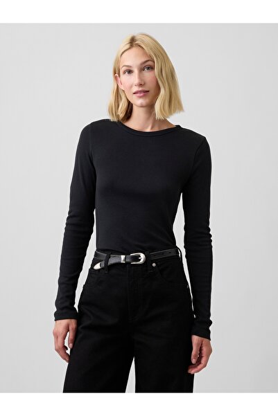 GAP Kadın Siyah Modern Fitilli Bisiklet Yaka T-Shirt