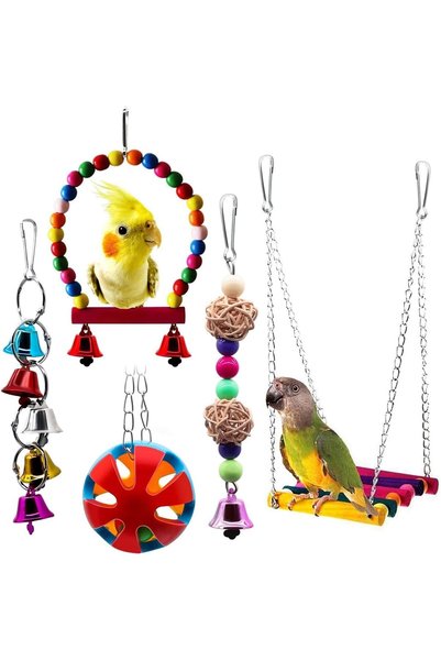 Arabest 5-Piece Bird and Parrot Toy Set,Natural Wood Swing and Hanging Bell T...