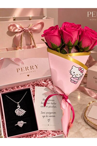 Le Manolia Accessories kararmaz çelik kuğu kolye ve kalp yüzük seti ve üçlü p...