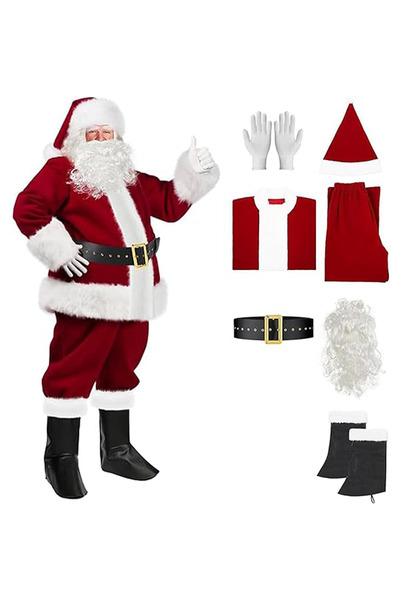GGEROU Adult Deluxe Santa Claus Costume Set, 8 Pieces Velvet Santa Suit with ...