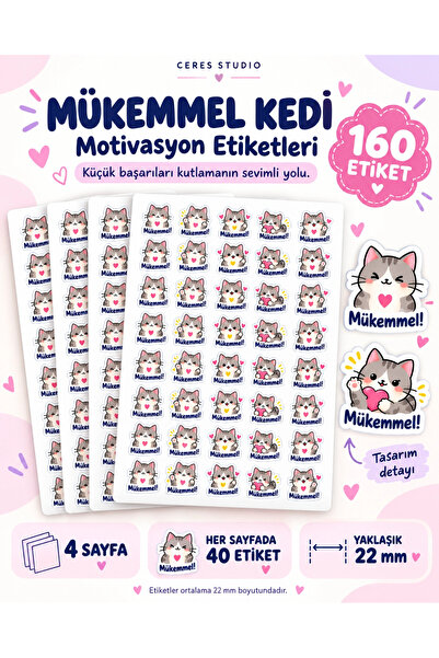 Ceres Studio Mükemmel Kedi Motivasyon ve Ödül Etiketi Seti – 160 Adet, 4 Sayfa