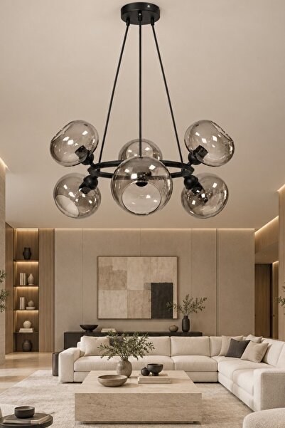 AVİMON Desire 6'LI Siyah renk Füme Rengi Camlı Modern Sarkıt Avize Oturma Oda...