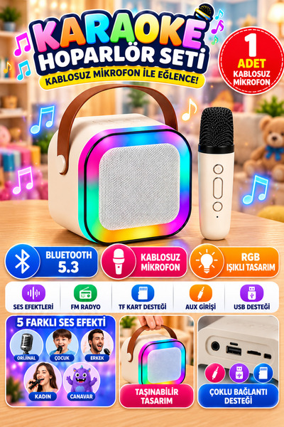Tamsena Store 2'li Bluetooth Karaoke Hoparlör Seti Kablosuz Mikrofonlu RGB Iş...