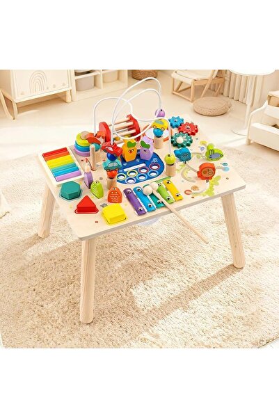 XICEN Wooden Montessori Activity Table, 9 in 1 Multi-Game Play Table with Bea...