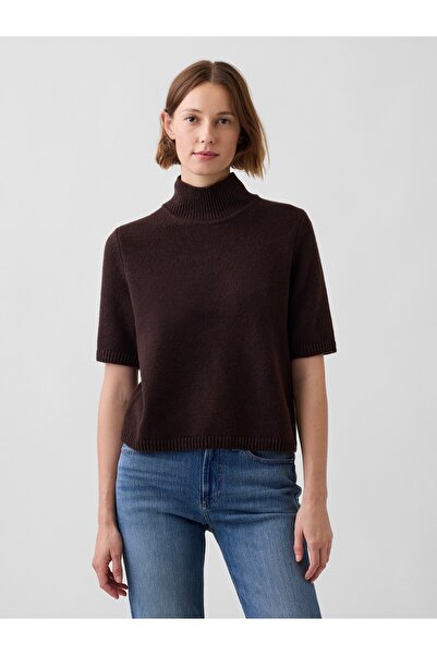 GAP Kadın Koyu Kahverengi CashSoft Mockneck Elbow-Sleeve Kazak
