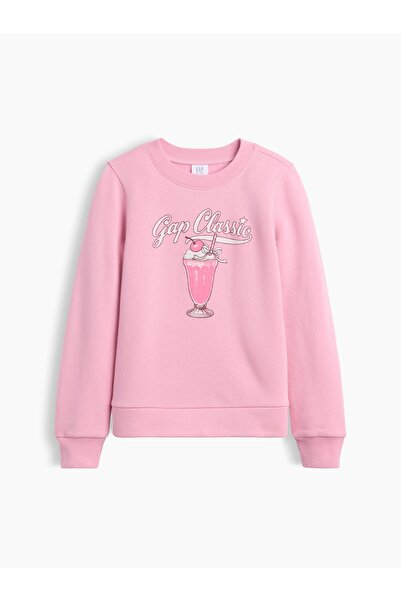 GAP Kız Çocuk Pembe Bisiklet Yaka Grafik Baskılı Sweatshirt