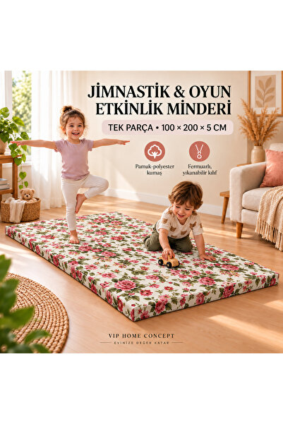 Jimnastik Minderi Çocuk Oyun ve Etkinlik Minderi, Süngerli Spor Matı-100x200x5 CM-İNGİLİZ GÜLÜ