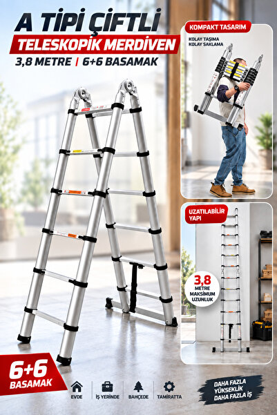 Badem10 A Tipi Teleskopik Portatif Merdiven 3,8 Metre 6+6 Basamak Uzayan Kırm...