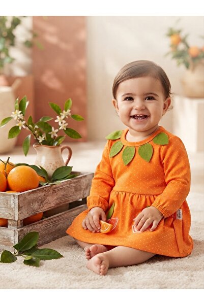 Minik Portakal Temalı Yaprak Detaylı Uzun Kollu Bebek Elbisesi & Kız Bebek Elbise