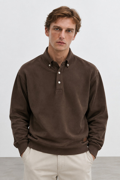 Manche Kahve Polo Yaka Çıtçıt Detaylı Regular Fit Sweatshirt | MEW2211442-1