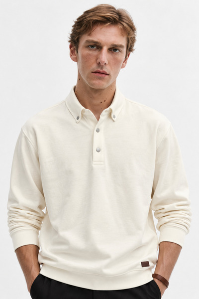 Manche Ecru Polo Collar Snap Detail Regular Fit Sweatshirt |   Mew2211442-1